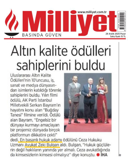 10. Altın Kalite Ödülü Ceza Avukatı Zeki BULGAN'a Verildi.